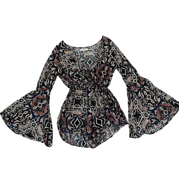 Abercrombie & Fitch Romper Shorts Long Bell Sleeves Abstract Print XS Black Blue - Picture 13 of 16